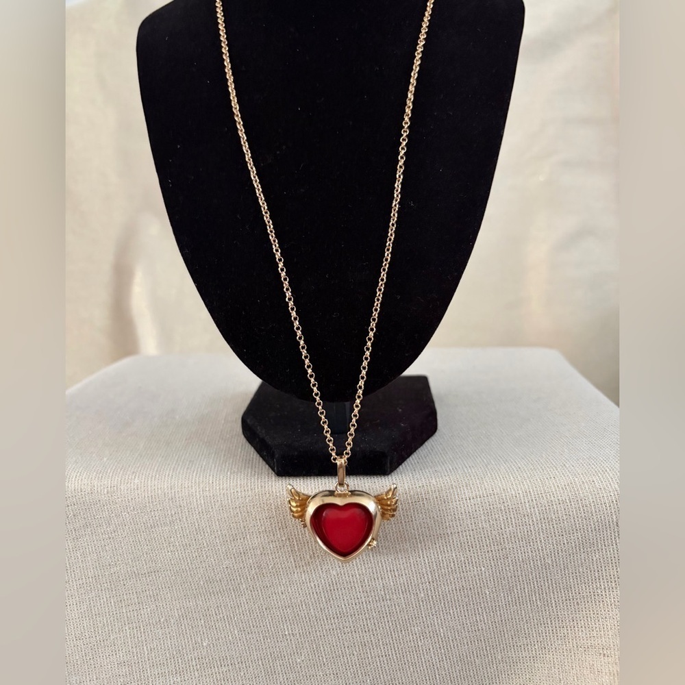 Gold-Tone Necklace with Red Heart Wing Pendant